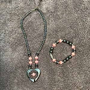 Black and Pink Beaded Necklace and Bracelet Set